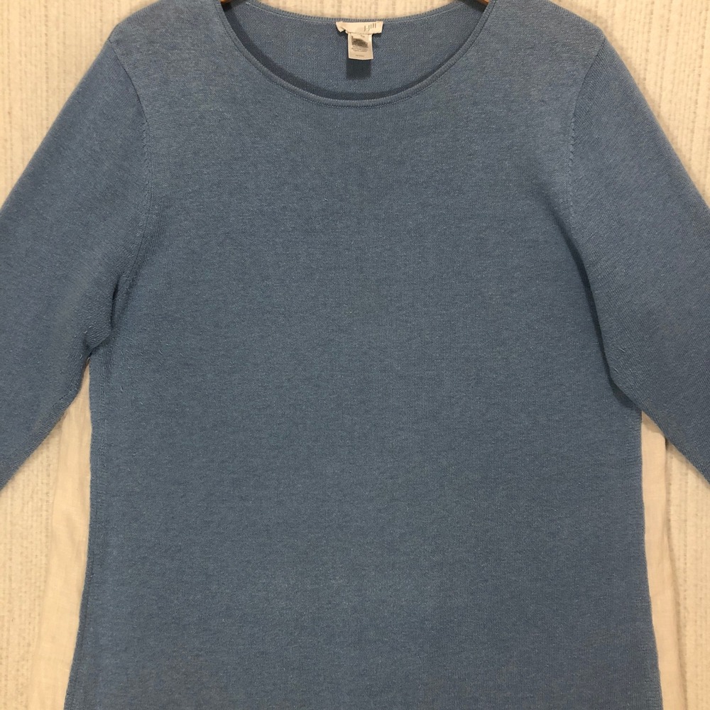 J. Jill Blue Knit 3/4 Sleeve Sweater White Linen Layered‎ Hem Top Large